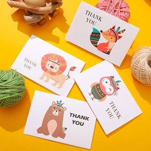 Set of bohemian animal thank you cards featuring a fox, lion, owl and bear on yellow background