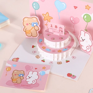 3D Pop Up Birthday Card Cute Cartoon Bear Rabbit Cake Design DIY Age Greeting Card With Envelope For Kids Women Gift