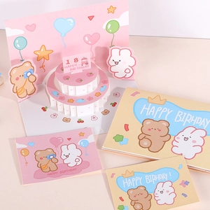 3D pop-up birthday card set featuring a pink cake, cute bears, and rabbit illustrations