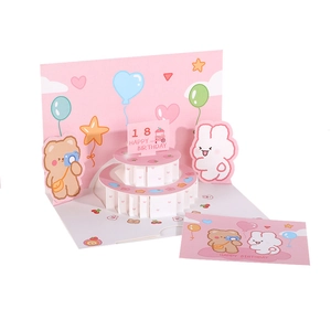 Pink 3D pop-up birthday card with bear, rabbit, and 18th anniversary cake design