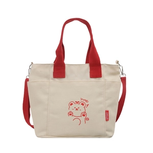 Large capacity canvas tote bag with red bear print and detachable red shoulder strap
