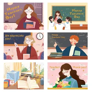 Set of six Teachers' Day cards featuring warm illustrations with gold foil accents and envelopes