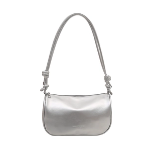 Silver metallic cylinder shoulder bag with knotted strap and minimalist logo