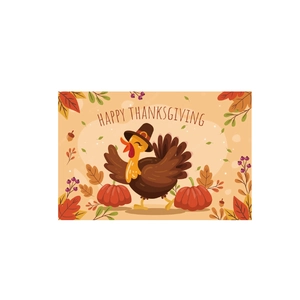 Carte de Thanksgiving avec illustration de dinde, citrouilles et feuilles d'érable d'automne