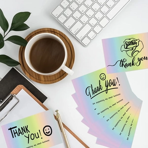 Holographic Thank You cards for small business with flower and smiley face graphics