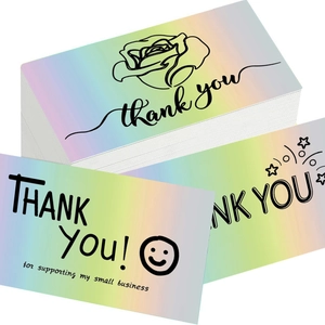 Holographic thank you business cards with rose design for small business packaging