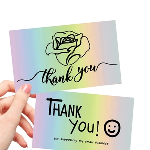 Holographic gradient thank you cards for small business with rose and smiley face design
