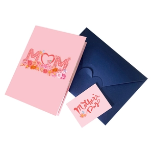 3D Mother's Day pop-up card set with pink floral MOM lettering and blue envelope