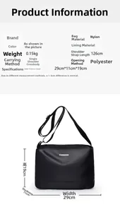Tableau détaillé des dimensions du sac bandoulière en nylon imperméable et matériaux