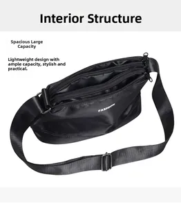 Vue interne d'un sac bandoulière en nylon noir avec compartiments multicouches spacieux