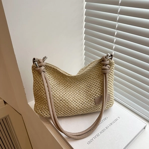Women Fashion Casual Beach Holiday Straw Woven Tote Bag Hollow Out Large Capacity Shoulder Bag With Faux Leather Straps