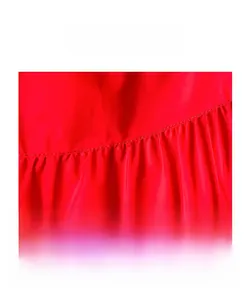 Macro detail of the glossy red fabric with gathered pleated texture and high shine finish