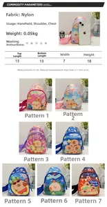 Detailed size guide for children's nylon capybara bag showing dimensions and 7 patterns
