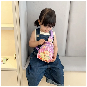 Pink and purple kids chest bag with cute Capybara cartoon and adjustable strap on a child