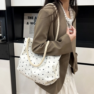Women's Casual Canvas Tote Bag Bow Print Bubble Texture Large Capacity Shoulder Bag Cotton Rope Handle Korean Style Daily Handbag
