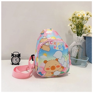 Detail of colorful rainbow kids chest bag with cute capybara and adjustable pink strap