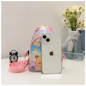 Compact kids rainbow crossbody bag shown next to a mobile phone for size reference