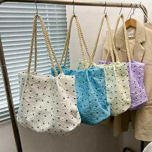 Chic bubble texture tote bags in white blue and green with bow prints and rope handles