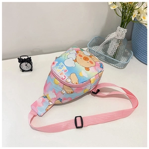 Detailed close-up of colorful Capybara cartoon kids chest bag with adjustable pink strap
