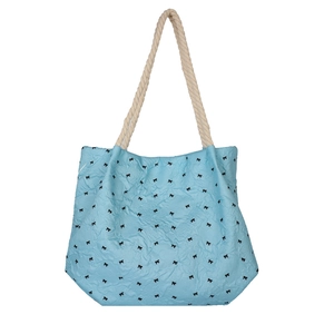 Minimalist tote bag with light blue textured fabric and black bow prints for women