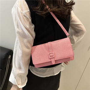 Pink crossbody shoulder bag for women with woven texture and square buckle strap