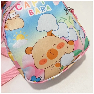 Detail of cute Capybara cartoon print on colorful macaron gradient kids chest bag