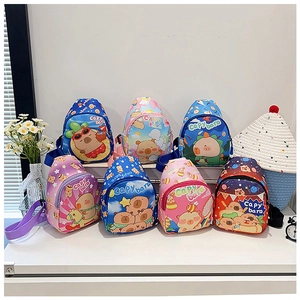 Detail view of seven colorful capybara crossbody bags for kids with adjustable straps