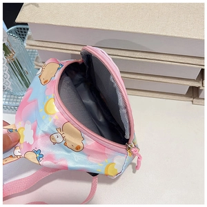 Internal view of a cute pink Capybara pattern kids chest bag with grey lining and zipper