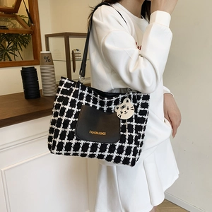 Sac Fourre-tout Tendance en Tweed à Carreaux pour Femmes Grand Sac à Main Avec Charme Mignon et Poche en Similicuir Sac de Transport