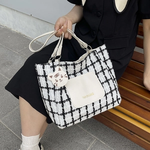 Grand sac cabas en tweed noir et blanc avec poignées en PU pour le trajet quotidien