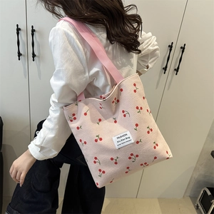 Pink corduroy tote bag with cherry print and large capacity for casual daily use