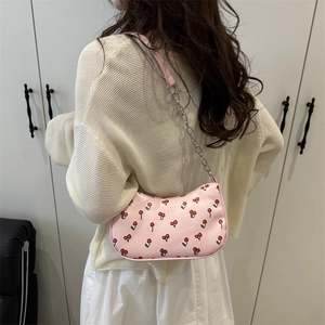 Sac sous le Bras en Cuir PU à Imprimé Cerise Style Coréen pour Femme Avec Chaîne en Métal Argenté Sac à Épaule Rétro Décontracté