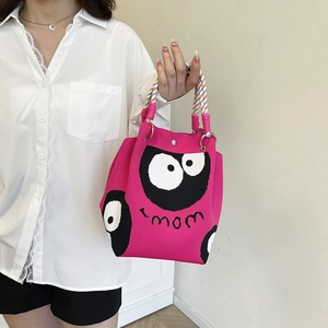 Schicke rosa Stricktasche mit großen Augen und buntem gewebtem Griff für Damen