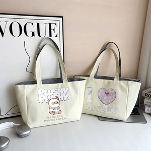 Women Large Capacity Canvas Tote Bag Cute Cartoon Panda Heart Pattern Handbag Shoulder Bag Student School Bag Casual Travel