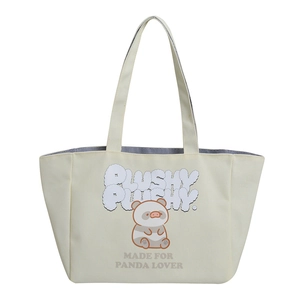 Cute panda canvas tote bag in off-white with striped lining and large capacity storage