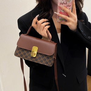 Retro monogram crossbody small square bag with brown leather flap and gold twist lock