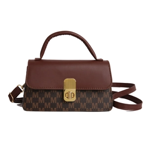 Brown faux leather crossbody bag with M-pattern monogram and gold metal lock detail