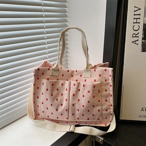 Women Casual Canvas Tote Bag With Lovely Heart Patterns Large Capacity Lightweight Portable Shoulder Bag For Daily Travel