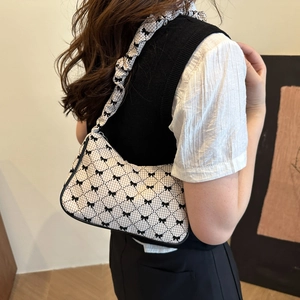 Women Sweet Quilted Gingham Underarm Bag Bowknot Decor Ruched Strap Fabric Hobo Handbag Retro Zipper Shoulder Bag
