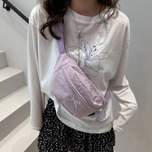 Purple nylon chest bag with white bow embroidery and adjustable strap for women