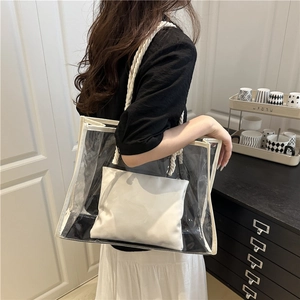 Women Fashion Transparent PVC Tote Bag Large Capacity Waterproof Clear Handbag With Inner Pouch And Cotton Rope Handle