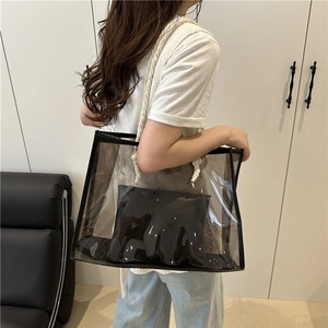 Summer transparent black PVC tote bag with rope handles and interior pouch set