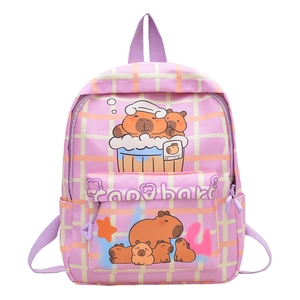Sac à dos enfant à carreaux roses avec motifs mignons de capybara pour l'école