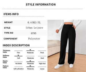 Tableau détaillé et vue mannequin du pantalon noir à taille haute et jambes larges