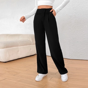 Pantalon large femme noir à taille haute avec poches latérales pour le travail