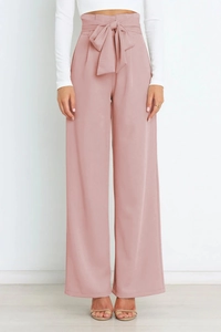 Detail of high waist wide leg pants in dusty rose with a stylish self-tie bow belt