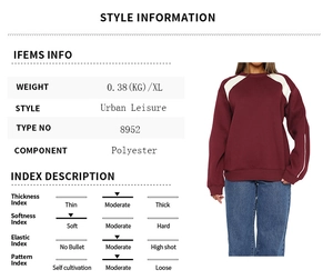 Size chart and fabric details for women's long sleeve sweatshirt with color block design