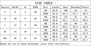 Detailed size guide table for women's long sleeve sweatshirt showing S to 2XL measurements