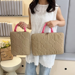 Quilted khaki laptop bag set with pink handles and clover pattern for 14 inch computer