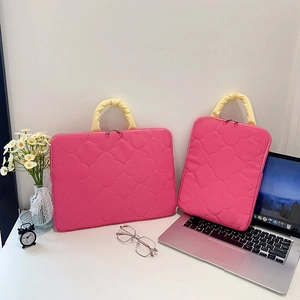 Women Quilted Nylon Laptop Bag Puffy Protective Sleeve Handbag With Contrast Color Handle Large Capacity Tote Bag For Daily Commute Office